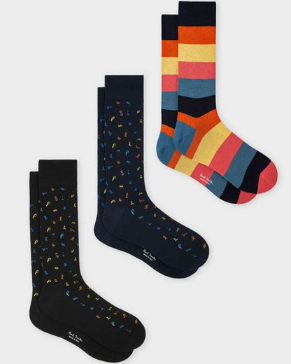 Paul Smith 3-Pack Mens Signature Pattern/Artist Stripe Socks - 1A Multi - CHO - Designer Mens Socks