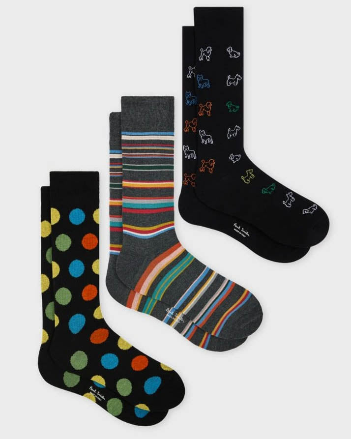 Paul Smith 3-Pack Mens Spot/Stripe/Dog Pattern Socks - 79 Black - CHO - Designer Mens Socks