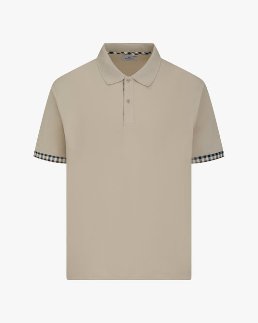 Aquascutum Mens Club Check Stretch Piquet Sleeves Polo Shirt - Beige 03
