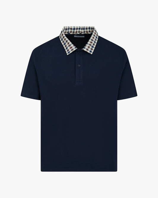 Aquascutum Mens Club Check Collar Polo Shirt - Navy 11