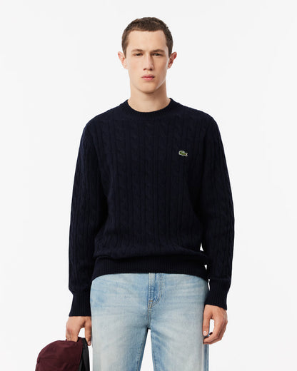 Lacoste Carded Wool Cable Knit Crew Neck Mens Sweater - Navy Blue 166