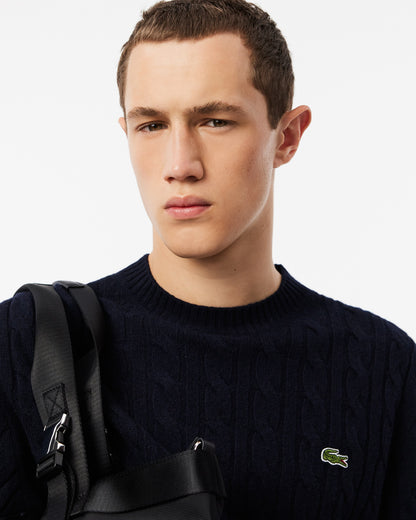 Lacoste Carded Wool Cable Knit Crew Neck Mens Sweater - Navy Blue 166