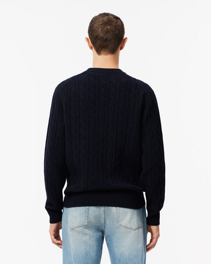 Lacoste Carded Wool Cable Knit Crew Neck Mens Sweater - Navy Blue 166