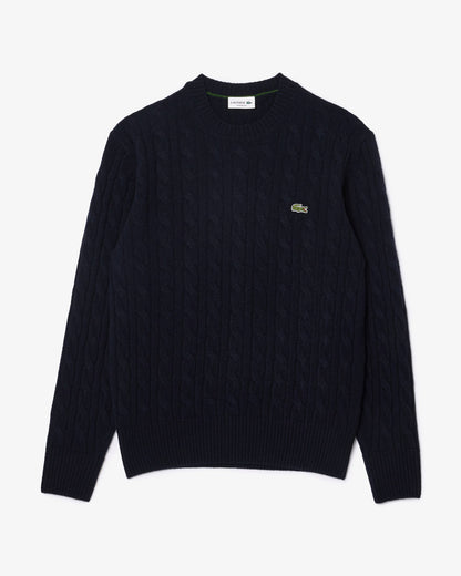 Lacoste Carded Wool Cable Knit Crew Neck Mens Sweater - Navy Blue 166