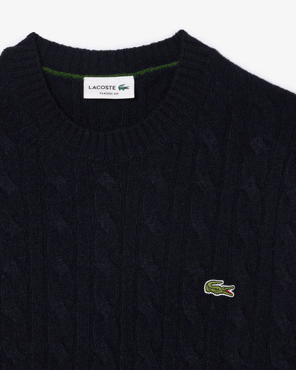 Lacoste Carded Wool Cable Knit Crew Neck Mens Sweater - Navy Blue 166