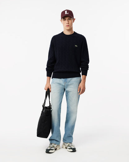 Lacoste Carded Wool Cable Knit Crew Neck Mens Sweater - Navy Blue 166