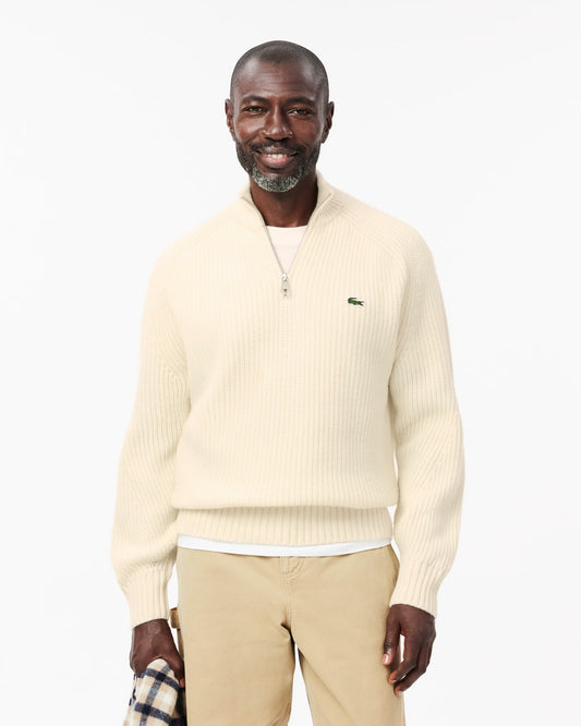Lacoste High Zip Neck Thick Rib Knit Mens Wool Sweater - Lapland XFJ