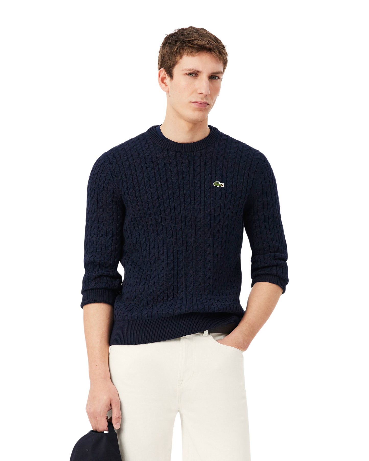 Lacoste Cable Knit Mens Cotton Jumper - Navy Blue/Green 802