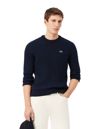 Lacoste Cable Knit Mens Cotton Jumper - Navy Blue/Green 802