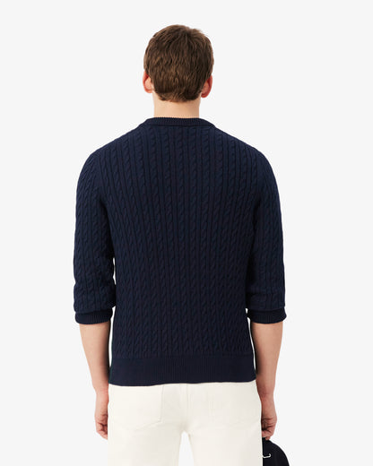 Lacoste Cable Knit Mens Cotton Jumper - Navy Blue/Green 802