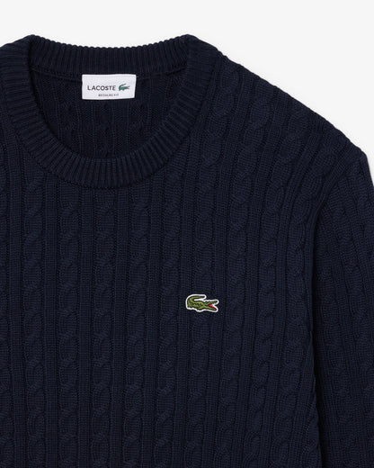 Lacoste Cable Knit Mens Cotton Jumper - Navy Blue/Green 802
