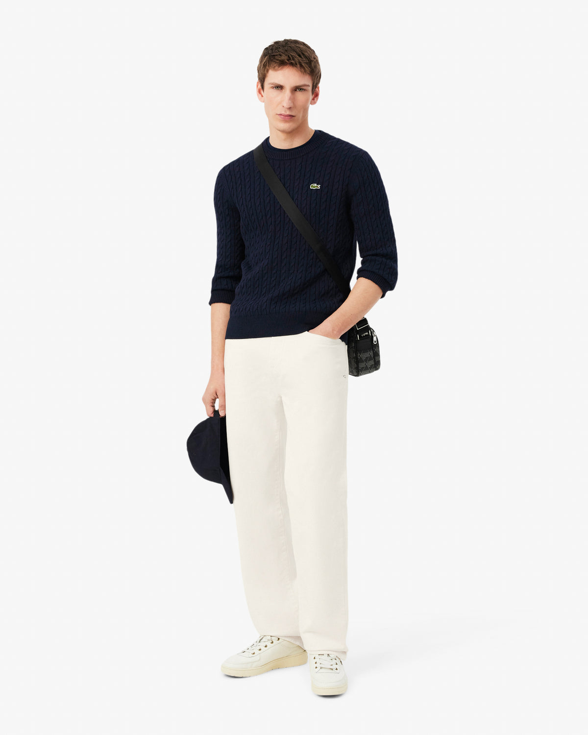 Lacoste Cable Knit Mens Cotton Jumper - Navy Blue/Green 802