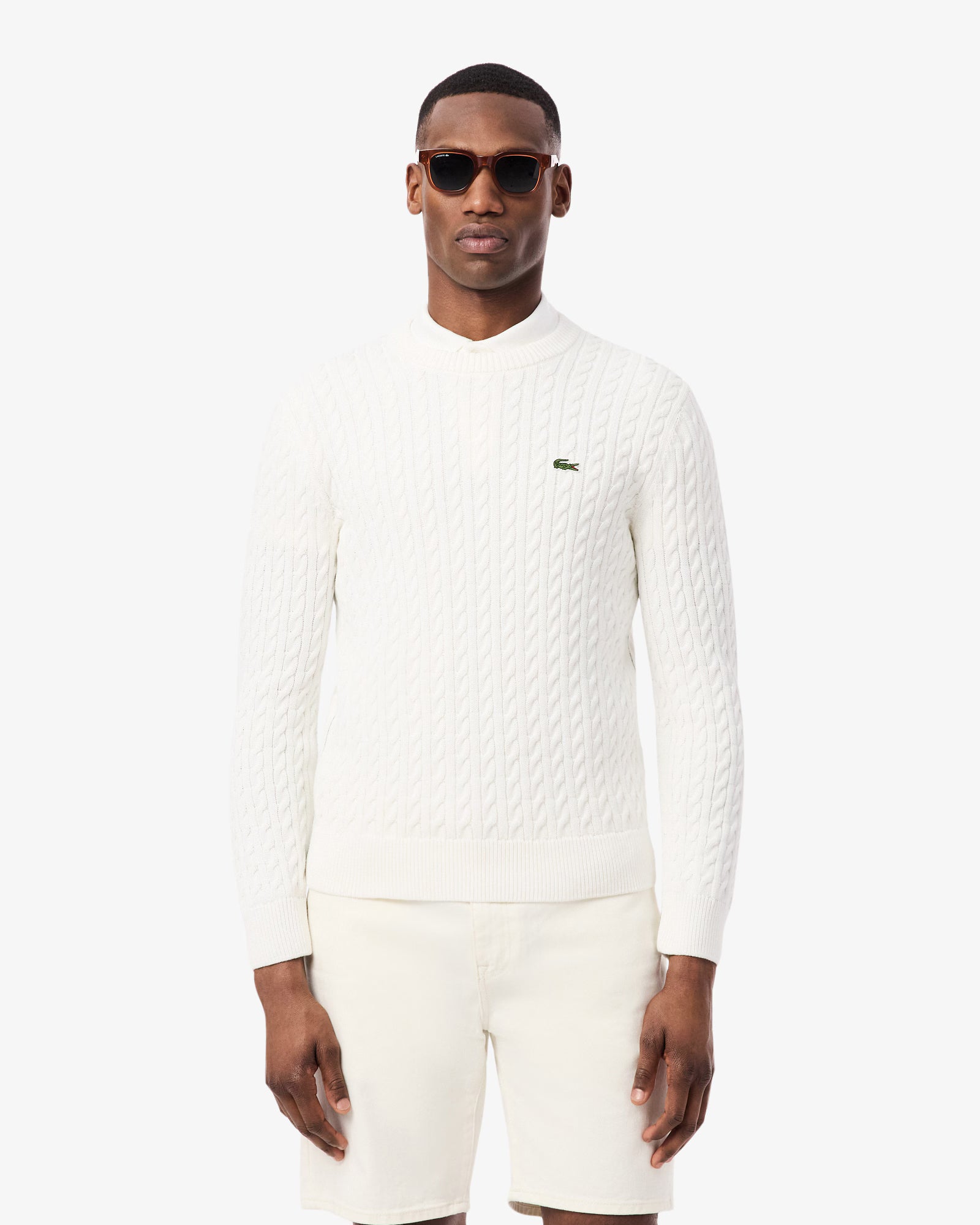Lacoste Cable Knit Mens Cotton Jumper - Flour/Green | [shop_name] | Designer Mens Jumpers - Flour/Green - M - 3617073902253