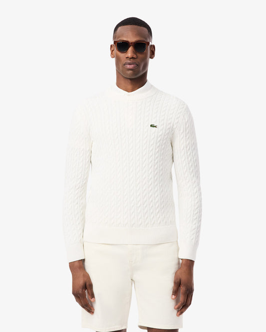 Lacoste Cable Knit Mens Cotton Jumper - Flour/Green