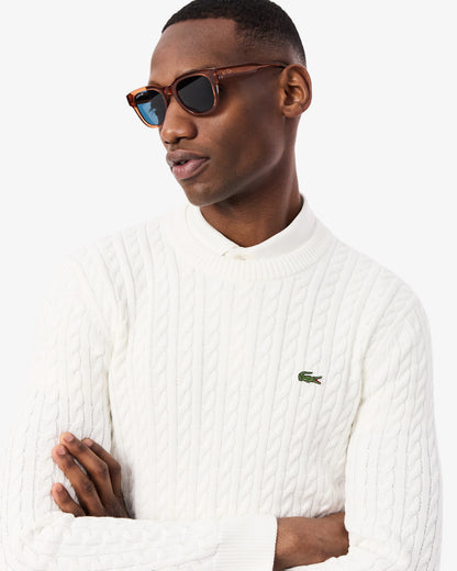 Lacoste Cable Knit Mens Cotton Jumper - Flour/Green | [shop_name] | Designer Mens Jumpers