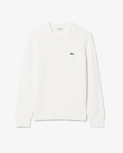 Lacoste Cable Knit Mens Cotton Jumper - Flour/Green | [shop_name] | Designer Mens Jumpers