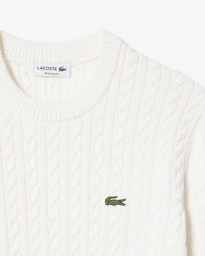 Lacoste Cable Knit Mens Cotton Jumper - Flour/Green | [shop_name] | Designer Mens Jumpers