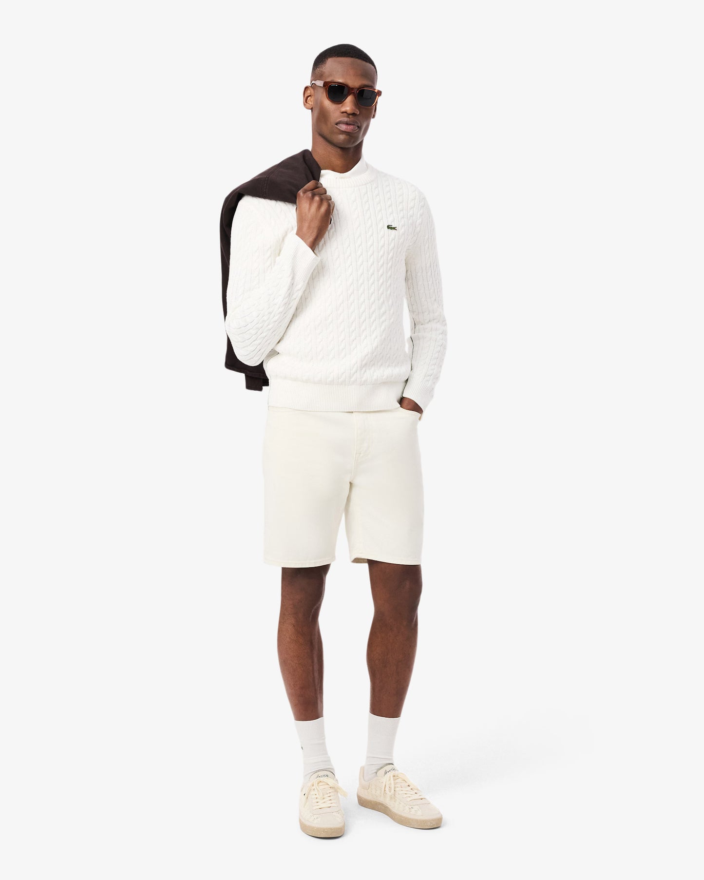 Lacoste Cable Knit Mens Cotton Jumper - Flour/Green | [shop_name] | Designer Mens Jumpers