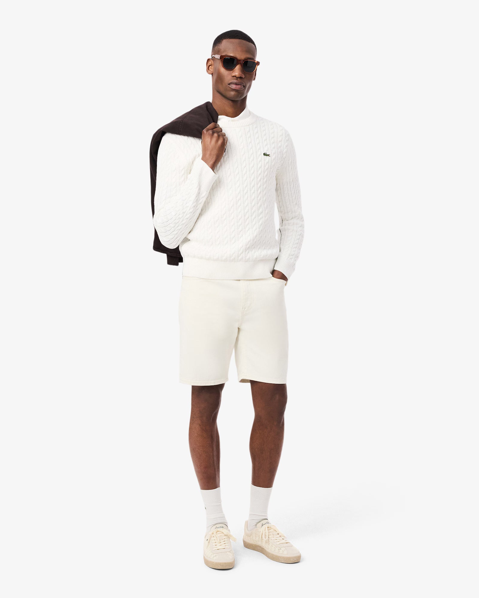Lacoste Cable Knit Mens Cotton Jumper - Flour/Green | [shop_name] | Designer Mens Jumpers