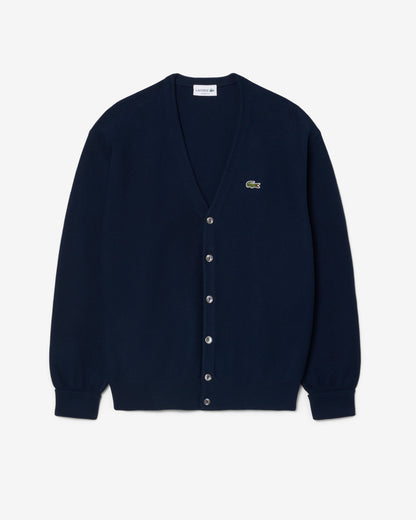 Lacoste Mens V - Neck Cotton Knit Cardigan - Blue Marine 166 | CHO | Designer Mens Cardigans