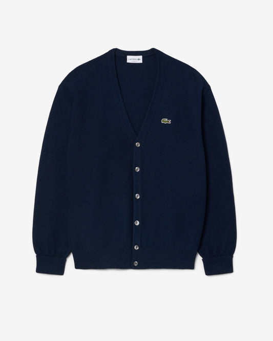 Lacoste Mens V - Neck Cotton Knit Cardigan - Blue Marine 166 | CHO | Designer Mens Cardigans