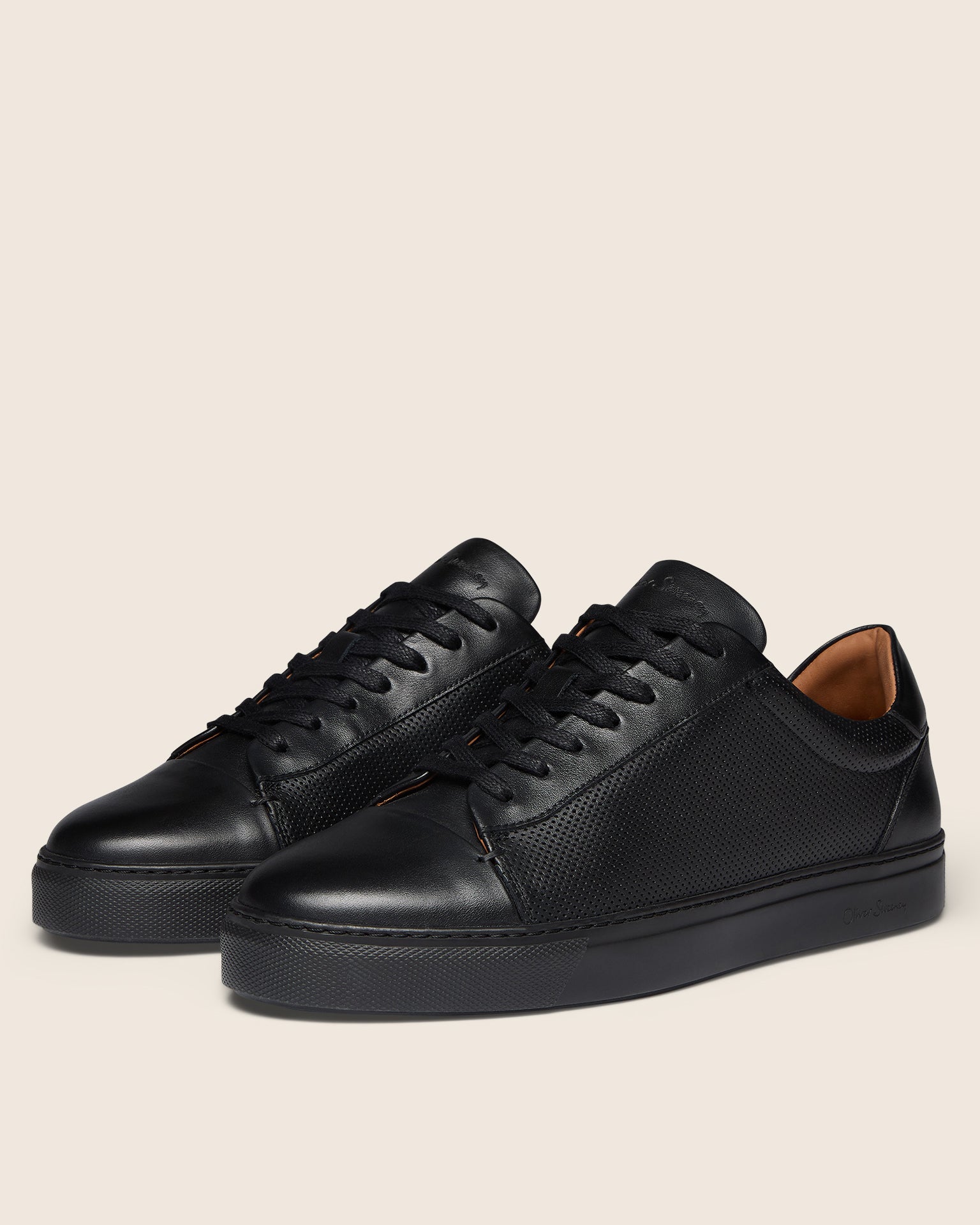 Oliver Sweeney Almada Mens Perforated Leather Trainers in Black/Black, pair