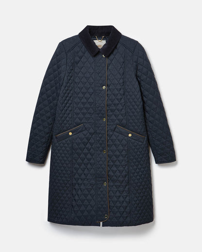 Joules Rosewell Womens Long Diamond Quilt Jacket - Navy - CHO - Designer Womens Padded Jackets