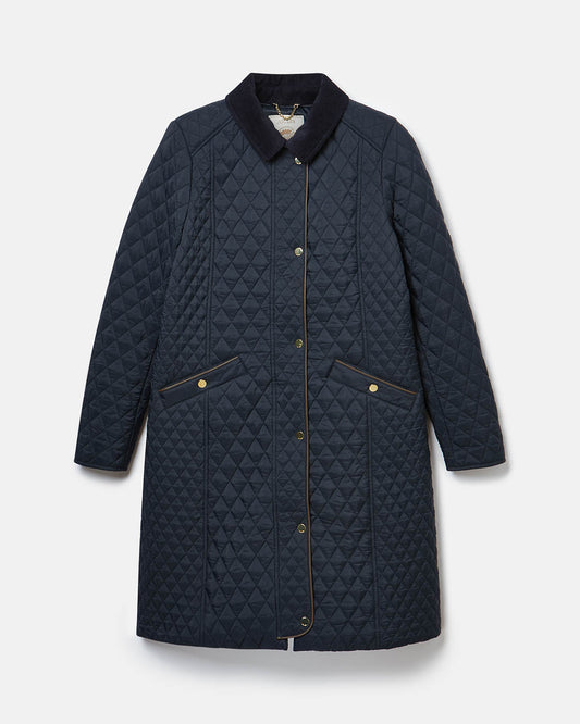 Joules Rosewell Womens Long Diamond Quilt Jacket - Navy