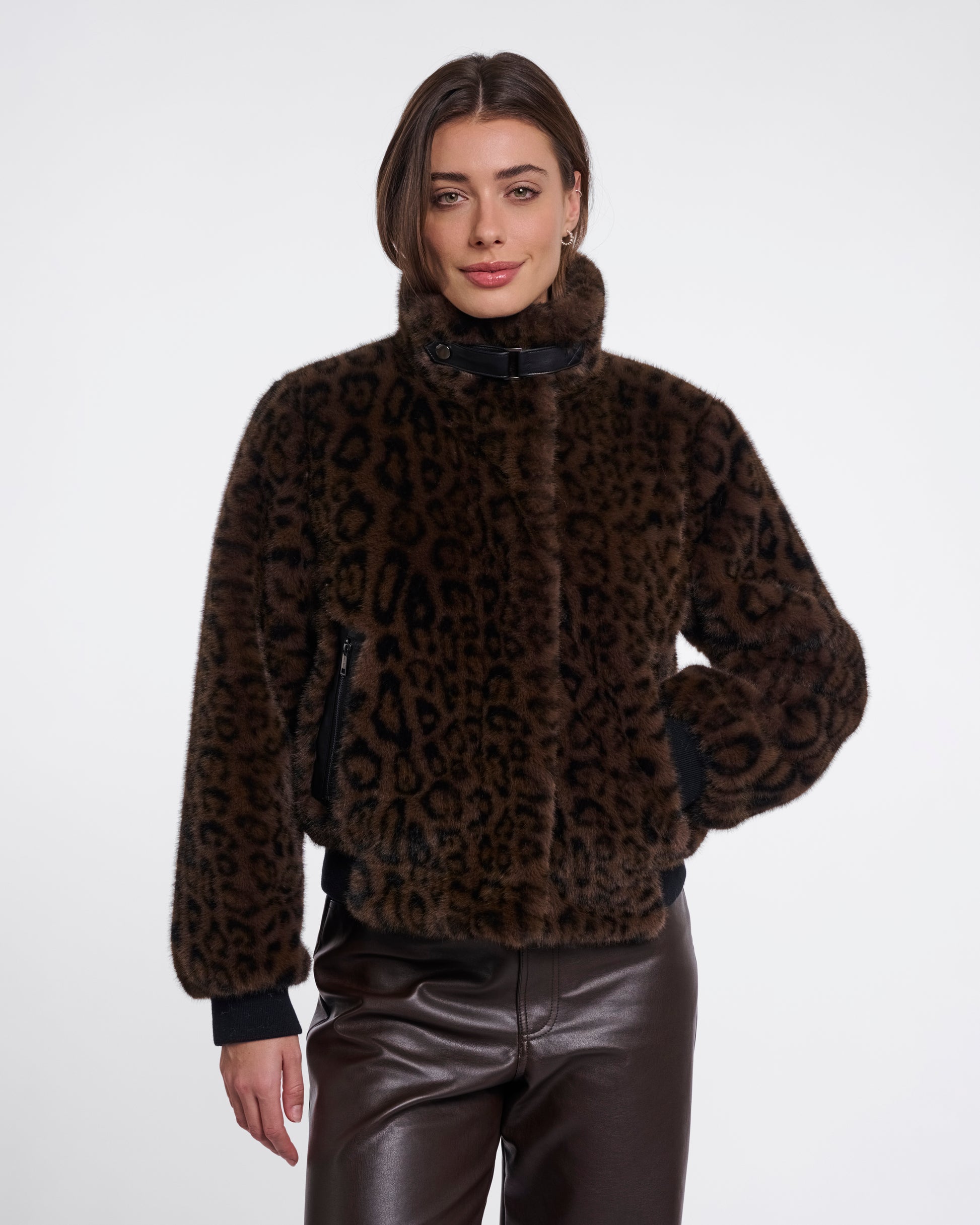 Rino & Pelle Ambra Womens Short Faux Fur Jacket - Brown Leopard | CHO | Designer Womens Short faux fur jacket