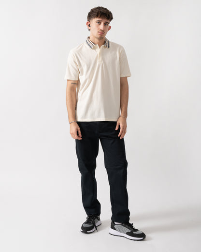 full length shot of model wearing an Aquascutum Mens Club Check Collar Polo Shirt in Old White 02