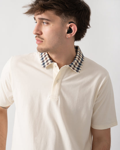 close up shot of model wearing an Aquascutum Mens Club Check Collar Polo Shirt in Old White 02