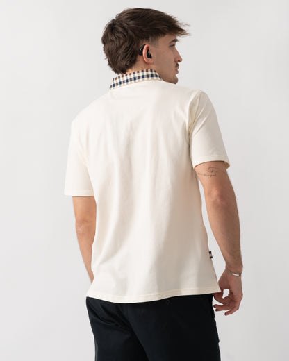 back shot of model wearing an Aquascutum Mens Club Check Collar Polo Shirt in Old White 02