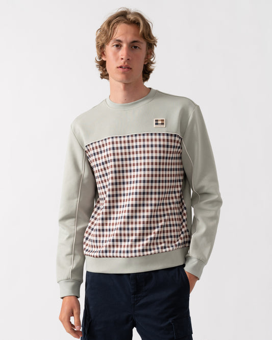 Aquascutum Mens Club Check Crewneck Sweatshirt - Salvia 34 | CHO | Designer Mens Sweatshirts