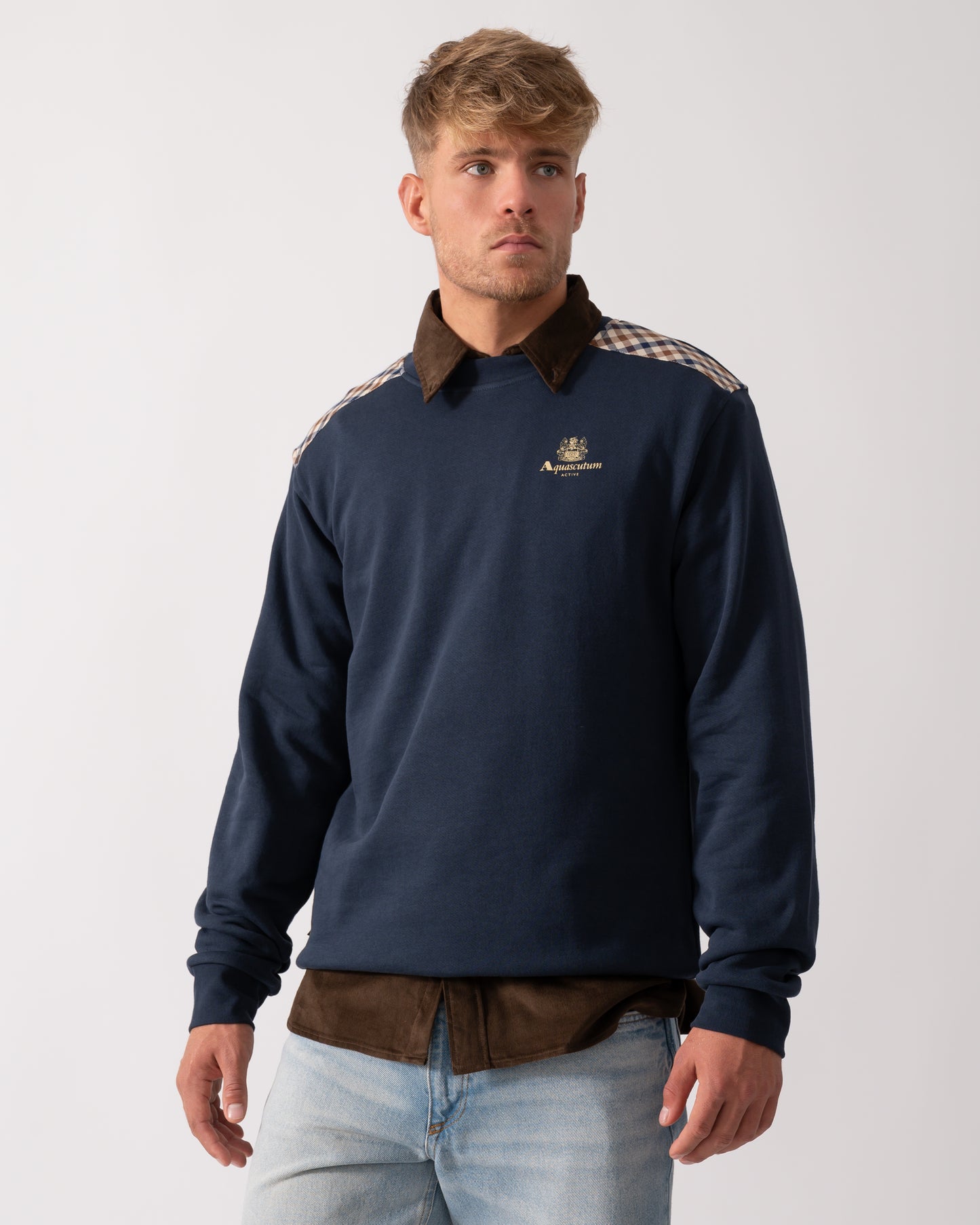 Aquascutum Mens Club Check Shoulder Crew Neck Fleece Sweatshirt - Navy 11