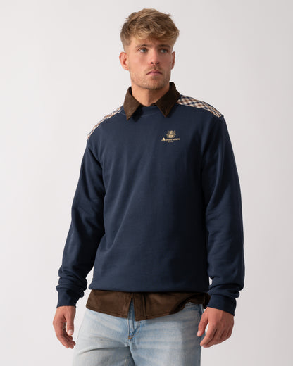 Aquascutum Mens Club Check Shoulder Crew Neck Fleece Sweatshirt - Navy 11