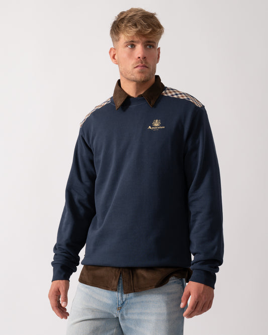 Aquascutum Mens Club Check Shoulder Crew Neck Fleece Sweatshirt - Navy 11