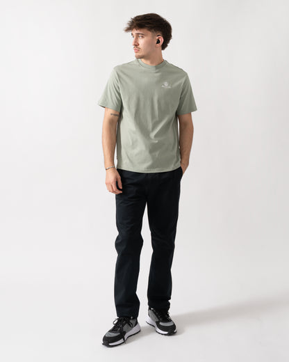 full length shot of a model wearing a Aquascutum Mens Small Logo T-Shirt in Salvia 34