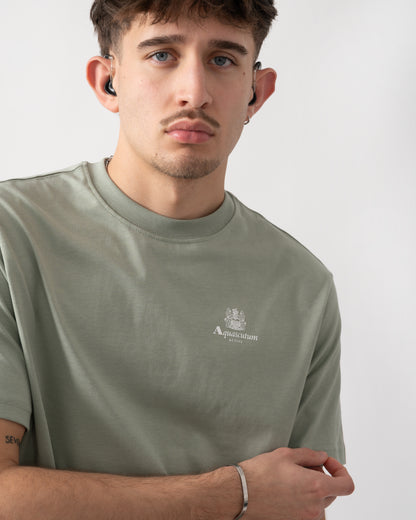 close up shot of a model wearing a Aquascutum Mens Small Logo T-Shirt in Salvia 34