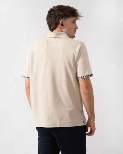 back shot of a model wearing an Aquascutum Mens Club Check Stretch Piquet Sleeves Polo Shirt in Beige 03