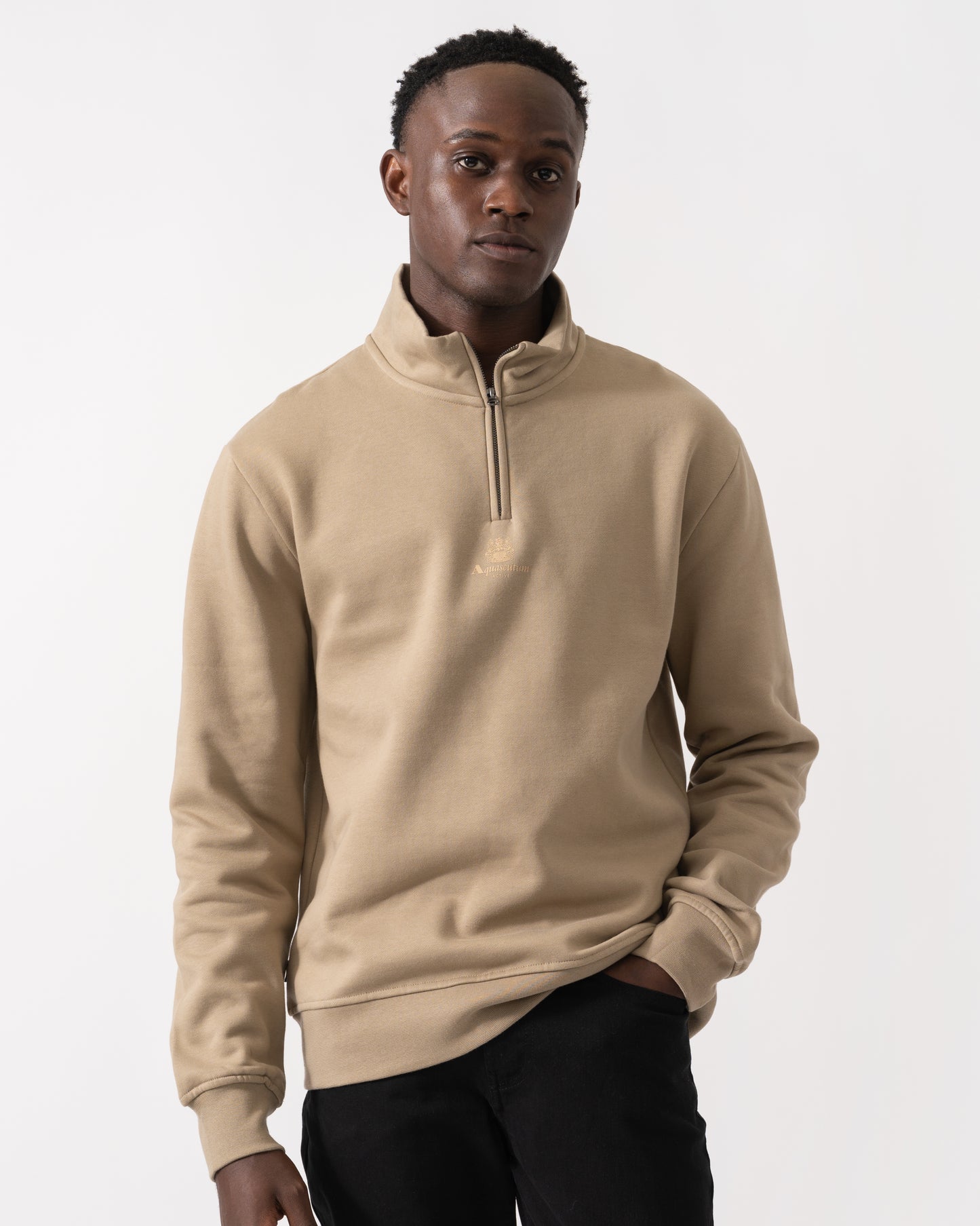 Aquascutum Mens Centered Logo 1/4 Zip Fleece - Khaki 38