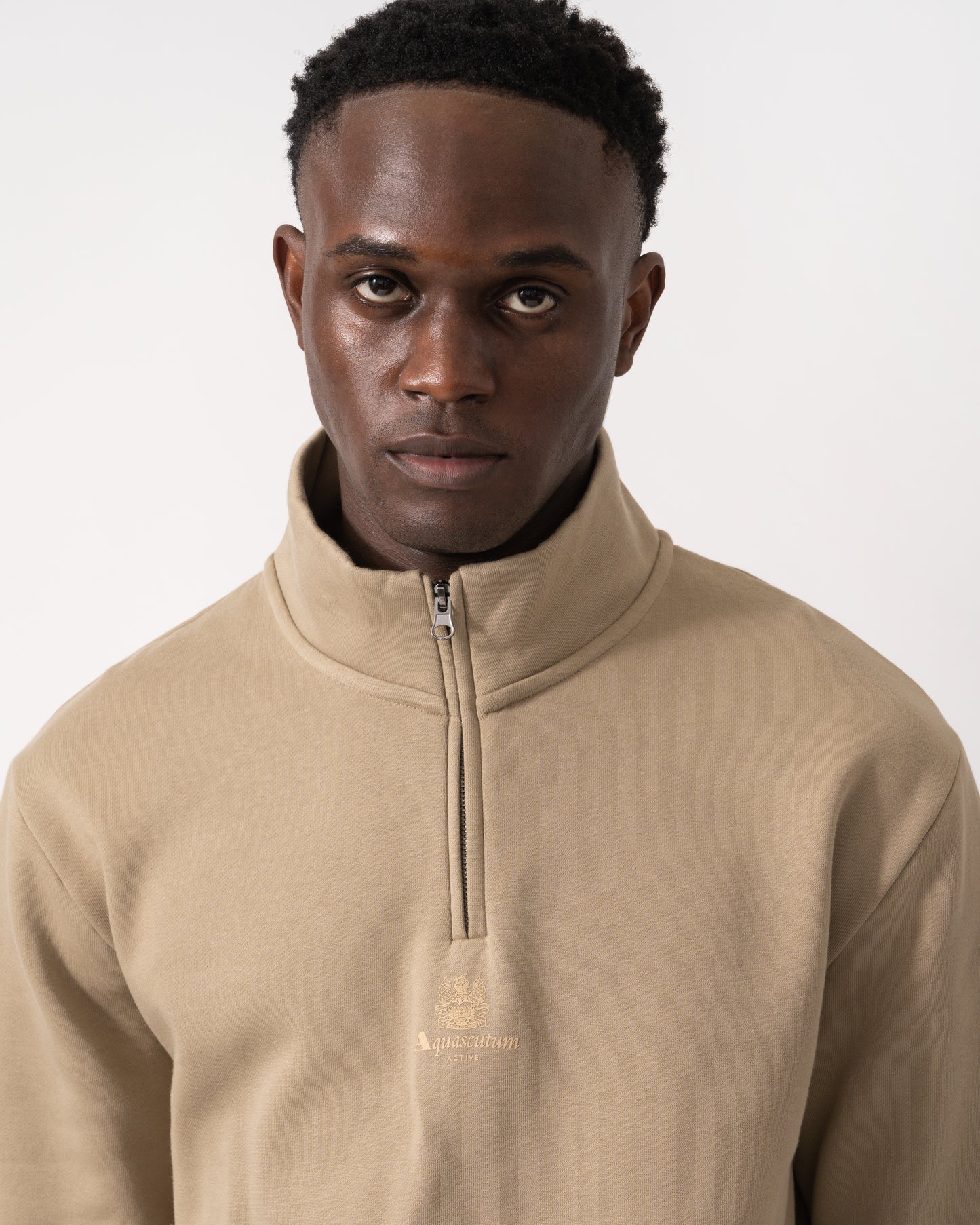 Aquascutum Mens Centered Logo 1/4 Zip Fleece - Khaki 38