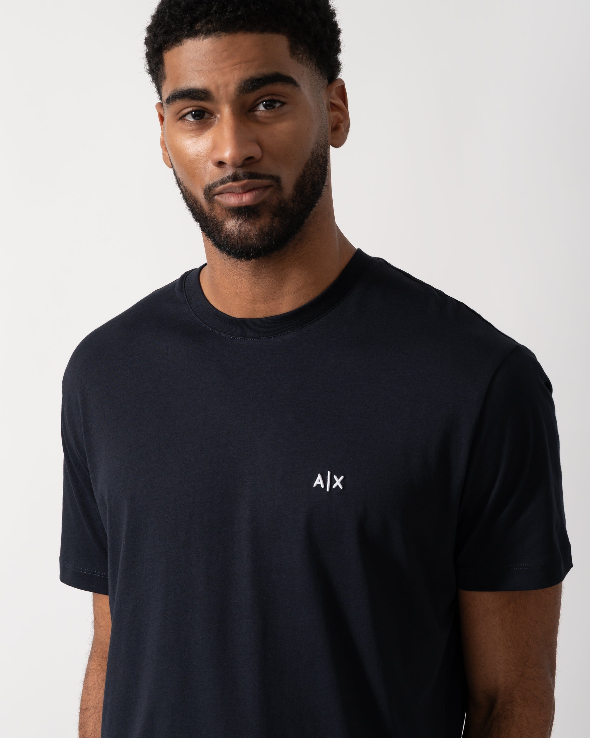 detail shot of a model wearing an Armani Exchange Mens A|X Monogram T-Shirt in Deep Navy
