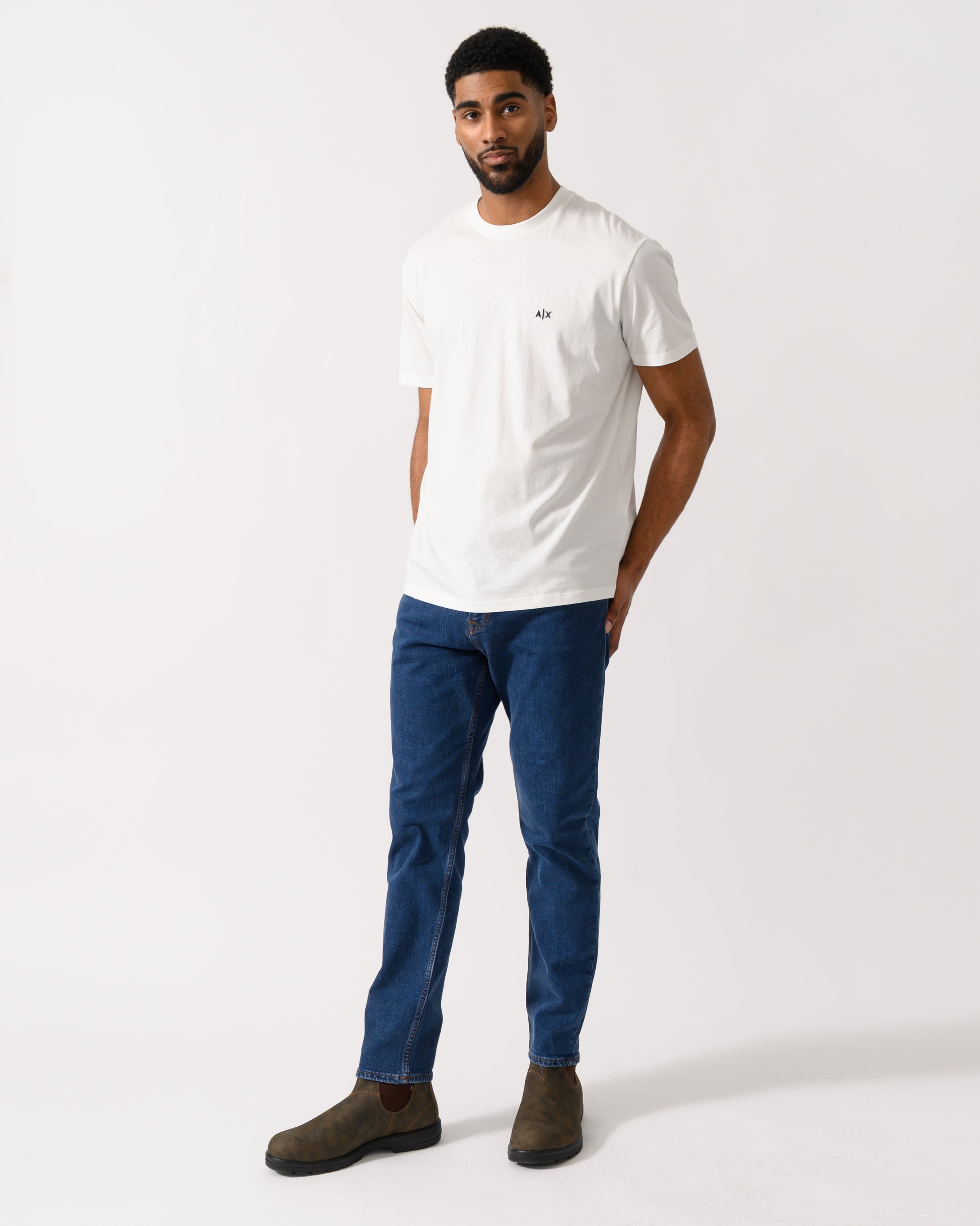 Full length shot of a Model wearing a Armani Exchange Mens A|X Monogram T-Shirt in Off White