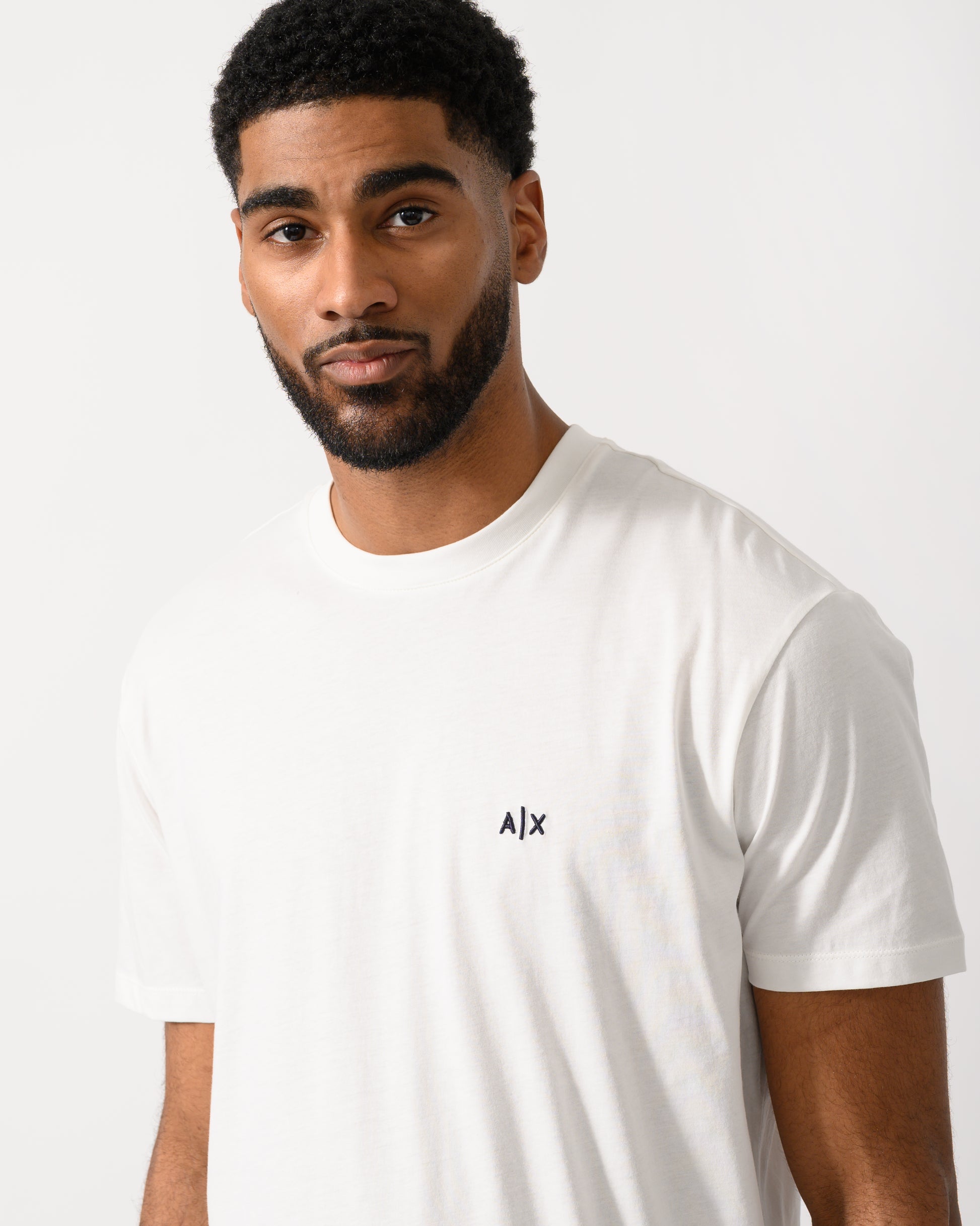 detail shot of a Model wearing a Armani Exchange Mens A|X Monogram T-Shirt in Off White