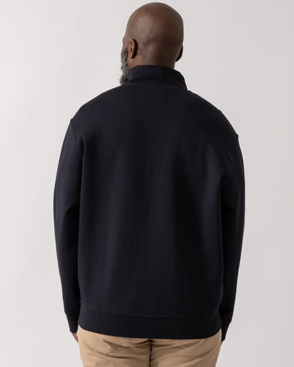 back shot of a Model wearing an Armani Exchange Mens Embroidered A|X Logo 1/4 Zip Sweatshirt in Deep Navy