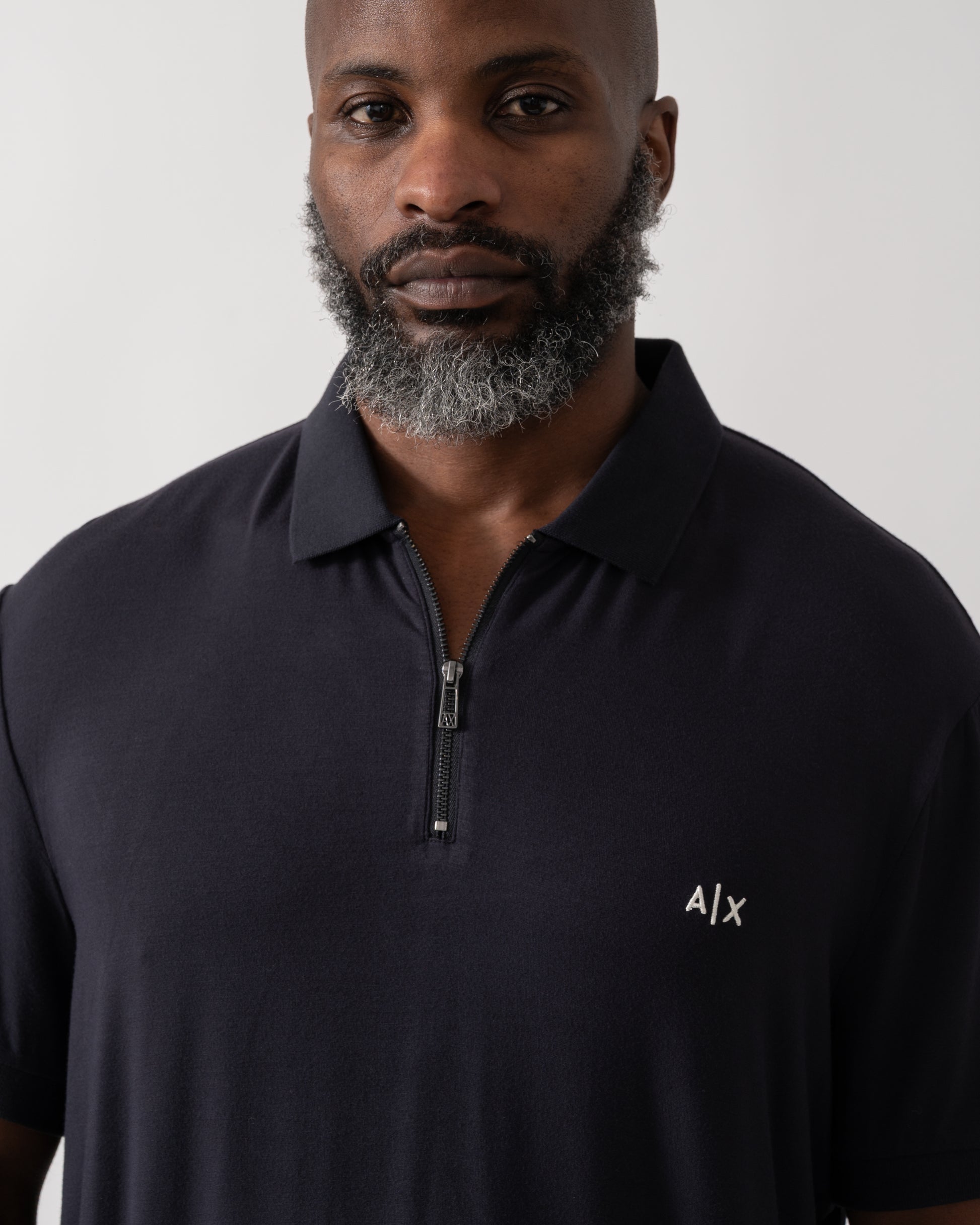Detail of a Model wearing an Armani Exchange Mens Polo Shirt in Deep Navy