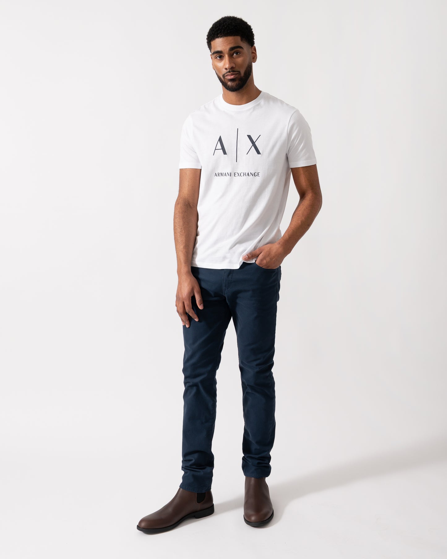 Full length shot of a Model wearing an Armani Exchange Mens T-Shirt in White