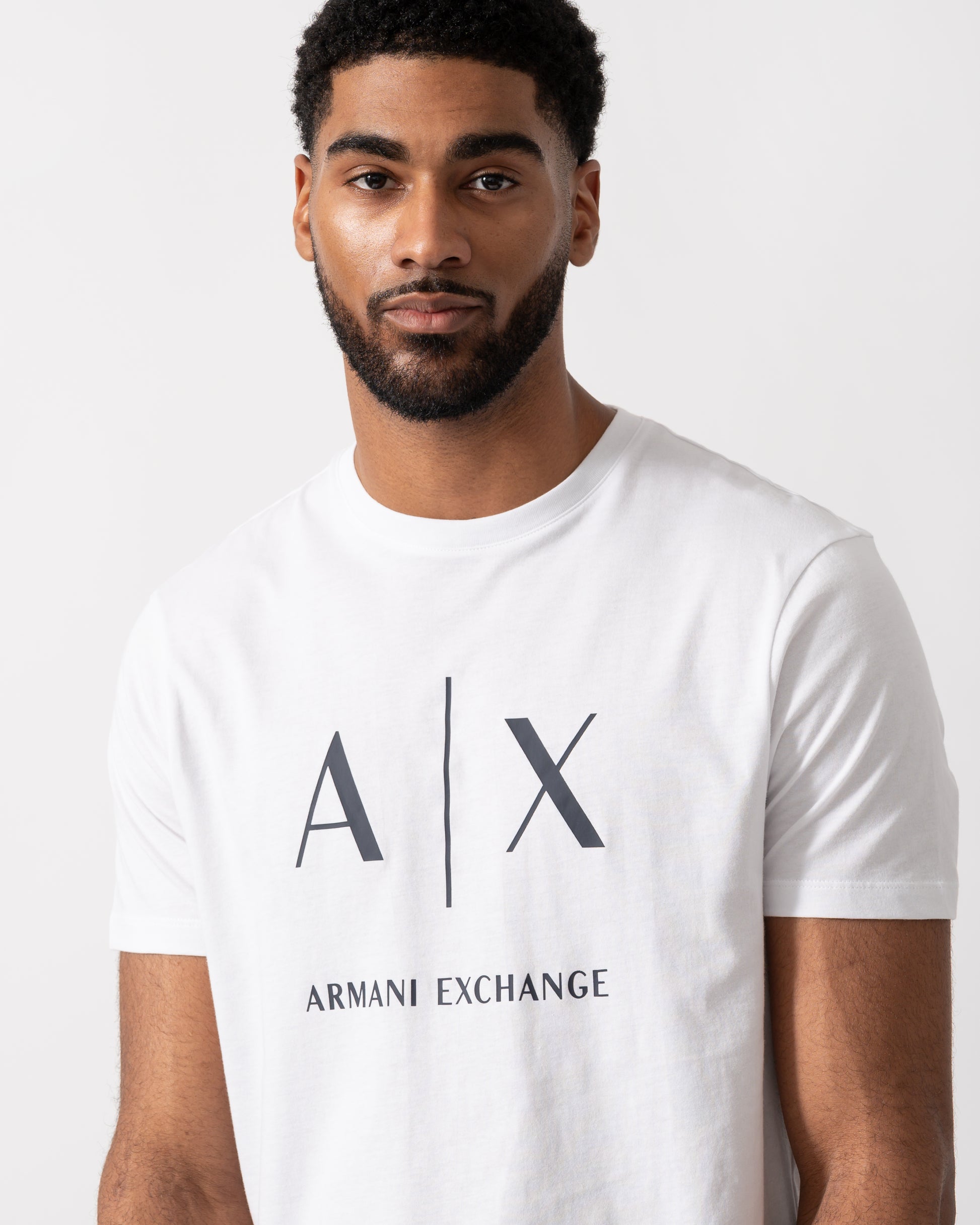 detail shot of a Model wearing an Armani Exchange Mens T-Shirt in White