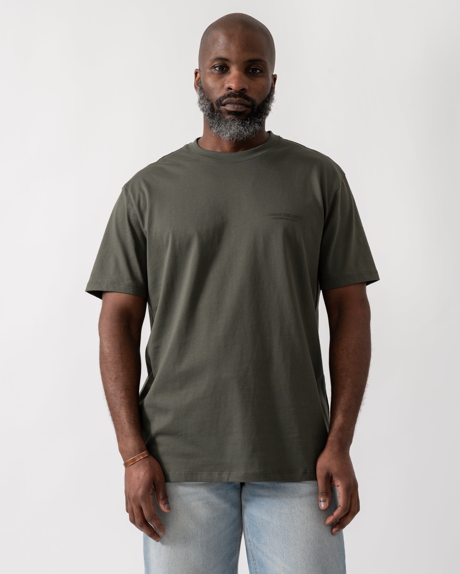 Model wearing an Armani Exchange Mens T-Shirt with Small Milano/New York Logo in Chimera
