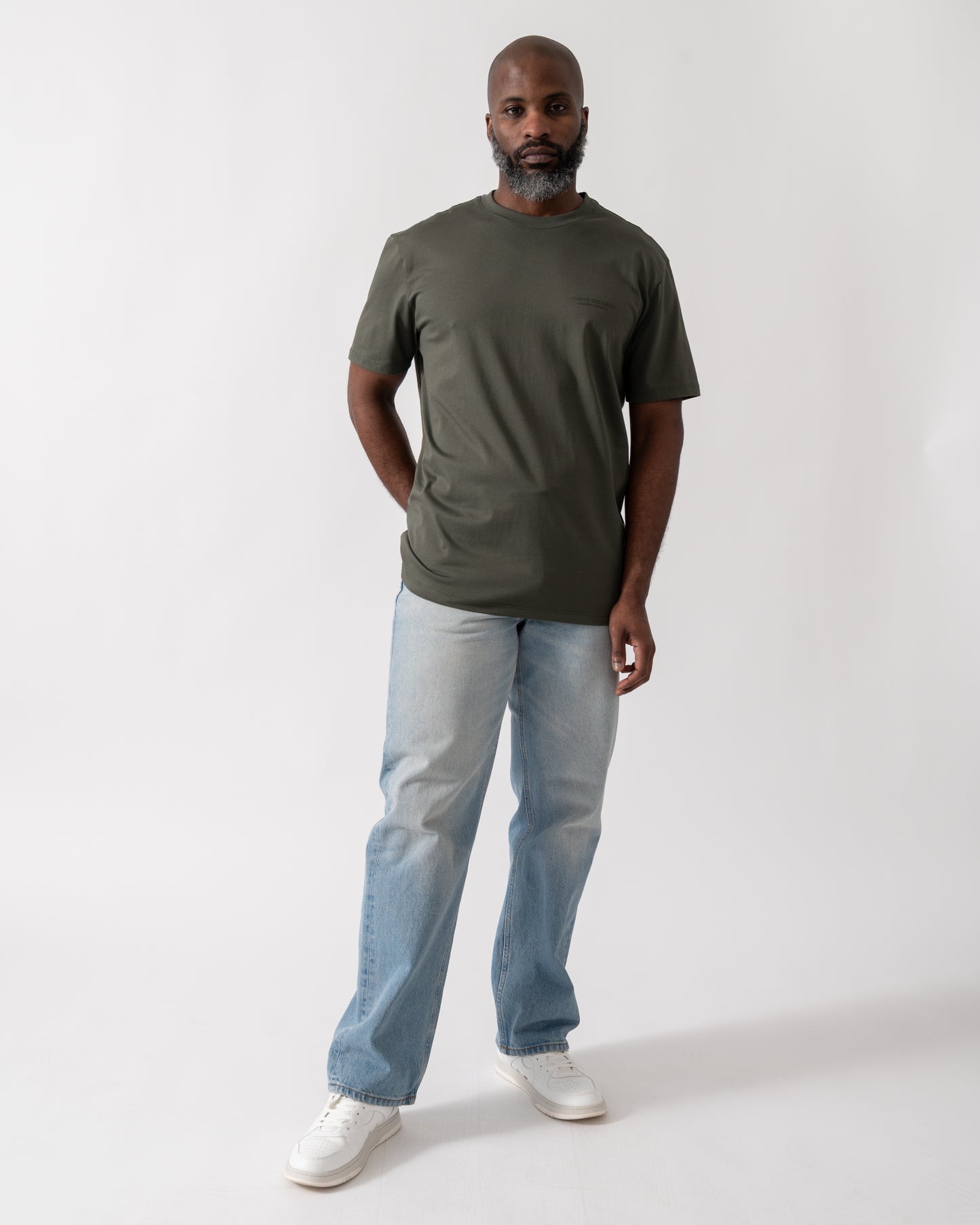 Full length shot of a Model wearing an Armani Exchange Mens T-Shirt with Small Milano/New York Logo in Chimera